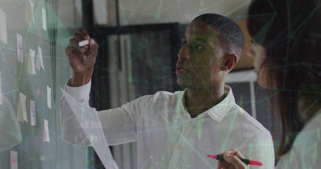 Business Team Brainstorming with Tech Overlay