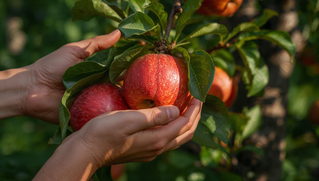 Cradling Hands Harvesting Sunlit Red Apples on Branch in Lush Orchard