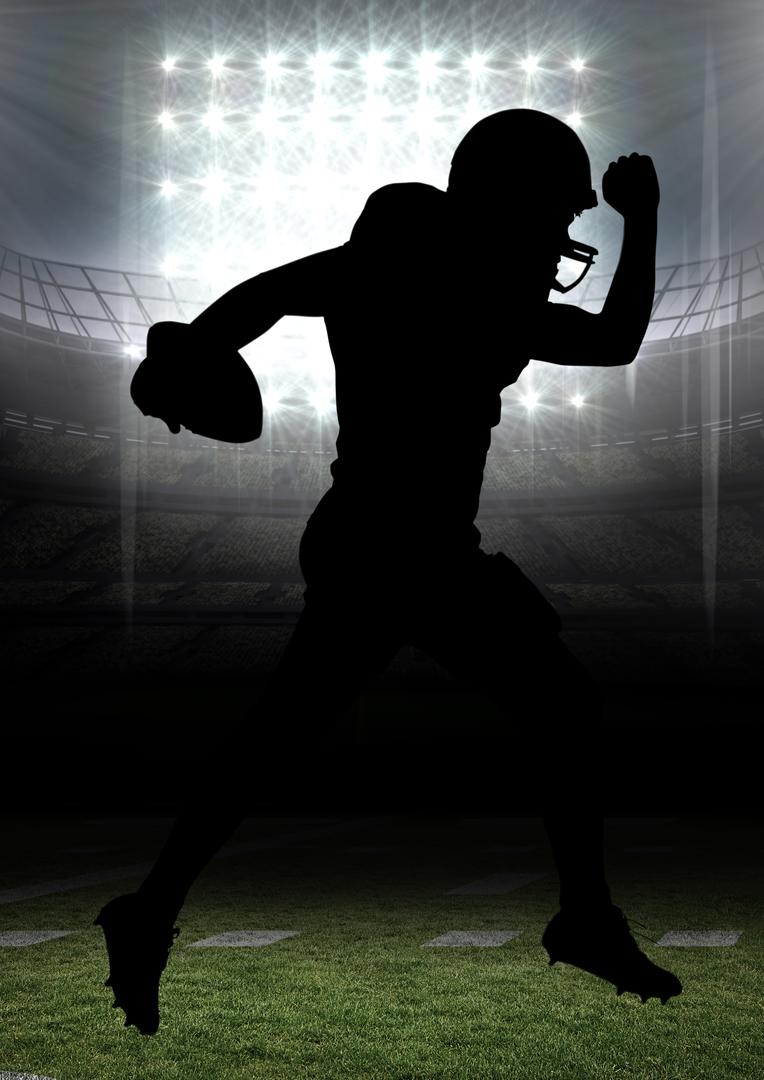 Silhouette of american football player running with a ball in stadium - Free Images, Stock Photos and Pictures on Pikwizard.com