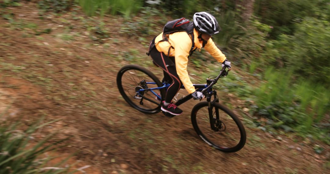 Mountain Biker Riding Downhill on a Forest Trail - Free Images, Stock Photos and Pictures on Pikwizard.com