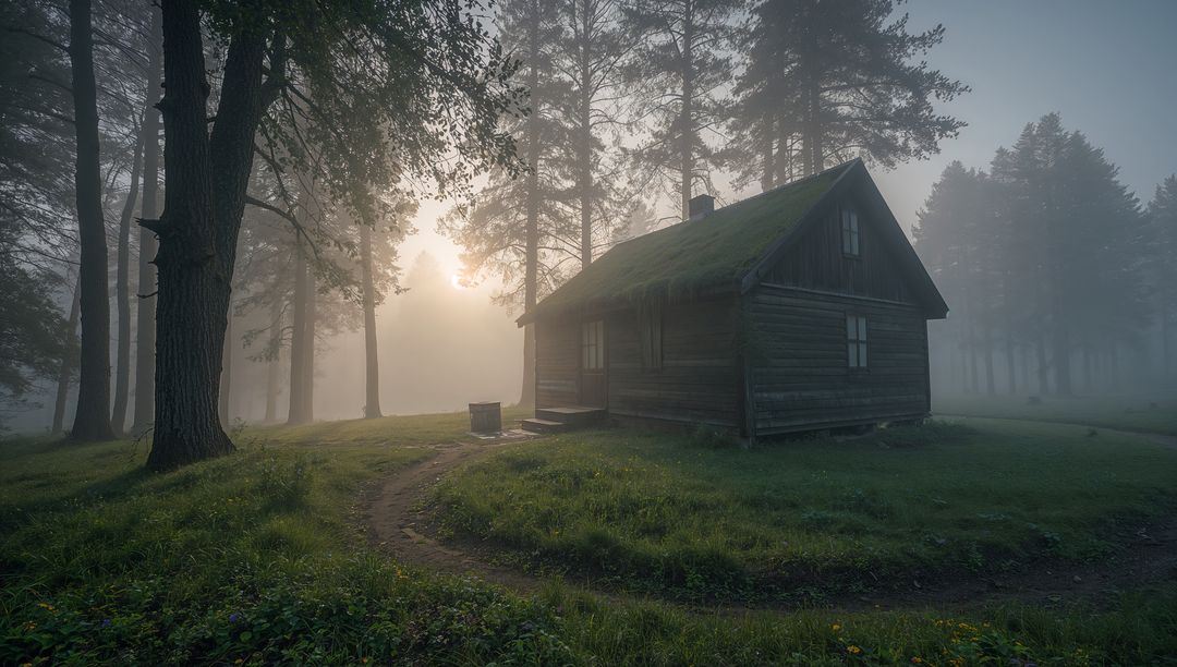 Moss-Covered Cabin Nestling in Misty Pine Forest at Dawn with Winding Path and Well