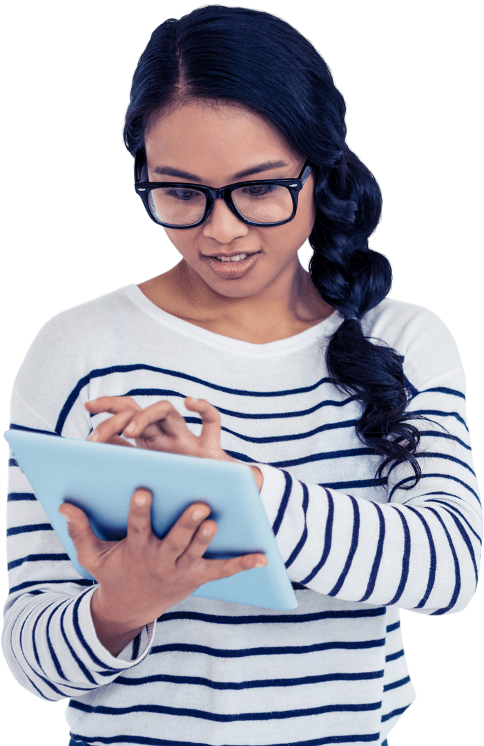 Young Asian Woman in Striped Sweater Using Tablet Transparent Background