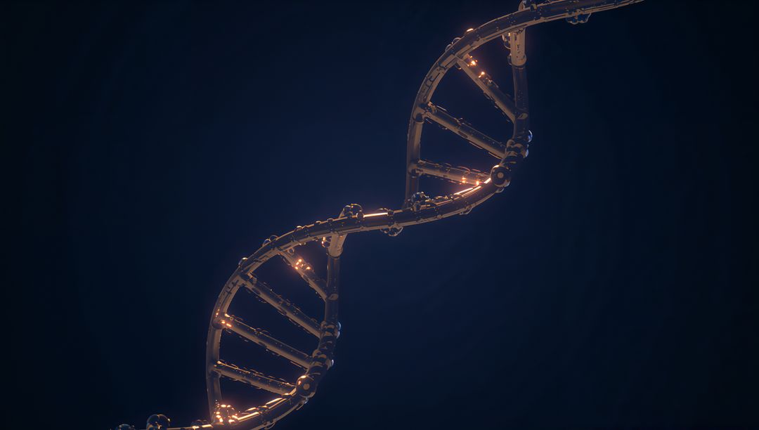 Glowing metallic DNA double helix spiraling with amber nodes on dark backdrop