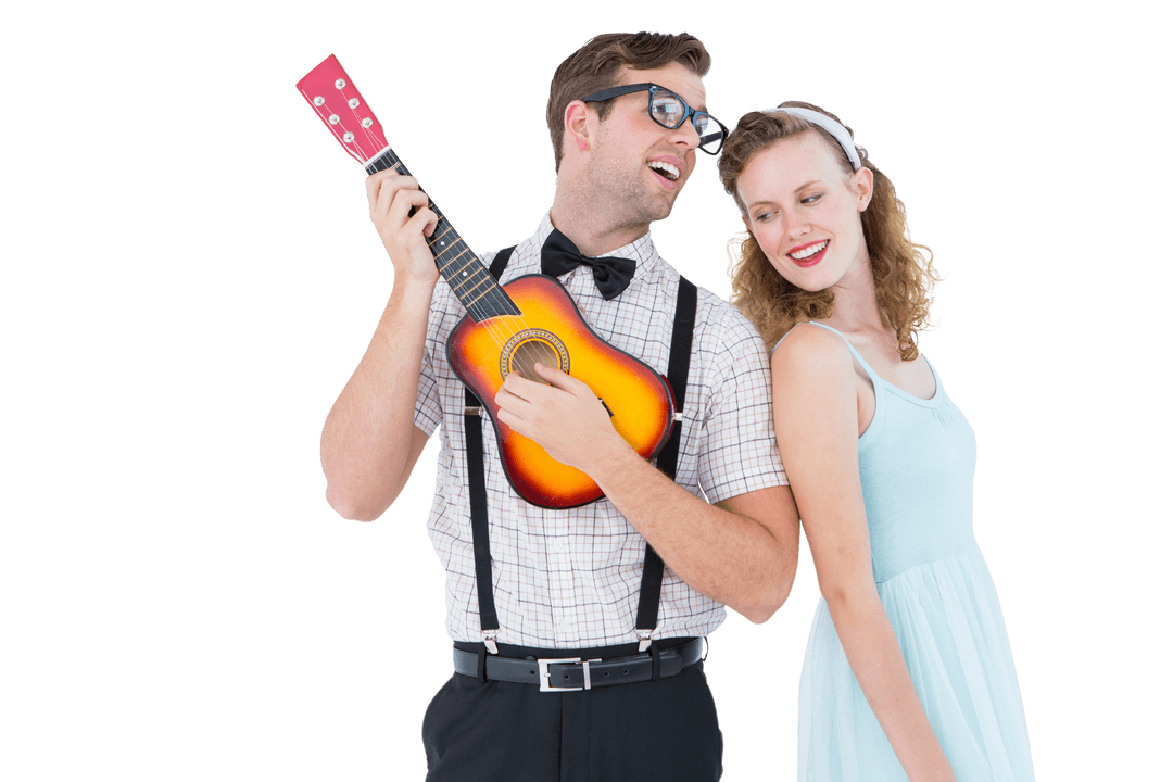 Retro Hipster Couple with Ukulele on Transparent Background