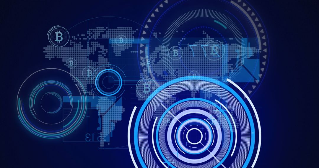 Digital Cryptocurrency Map with World and Bitcoin Symbols