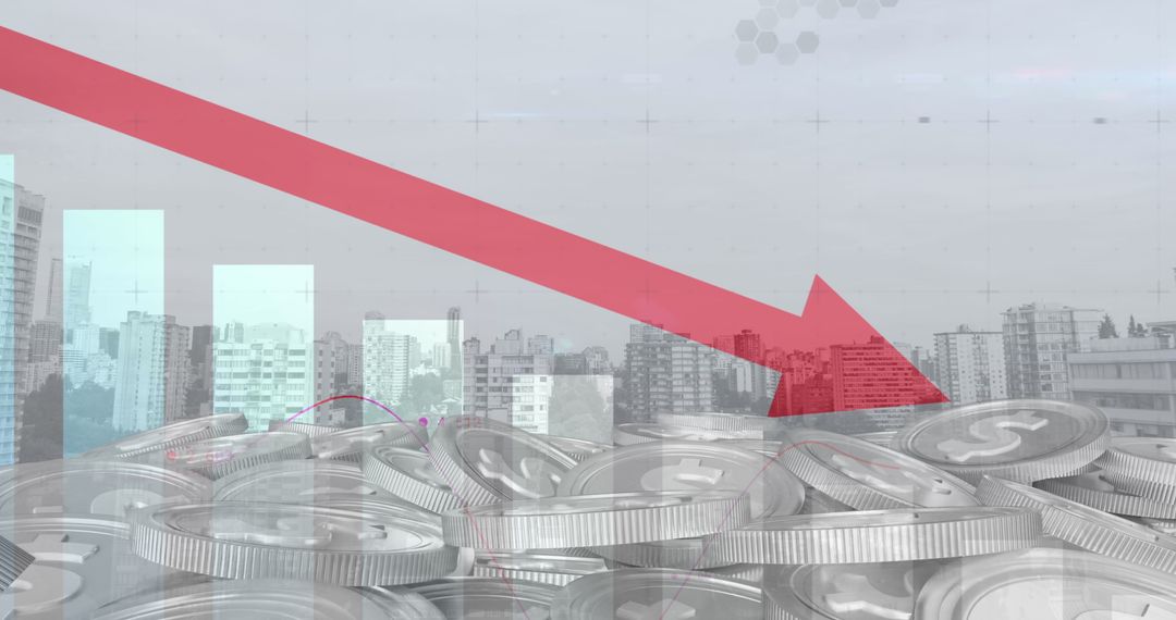 Financial Downturn Depicted with Coins and Declining Red Arrow