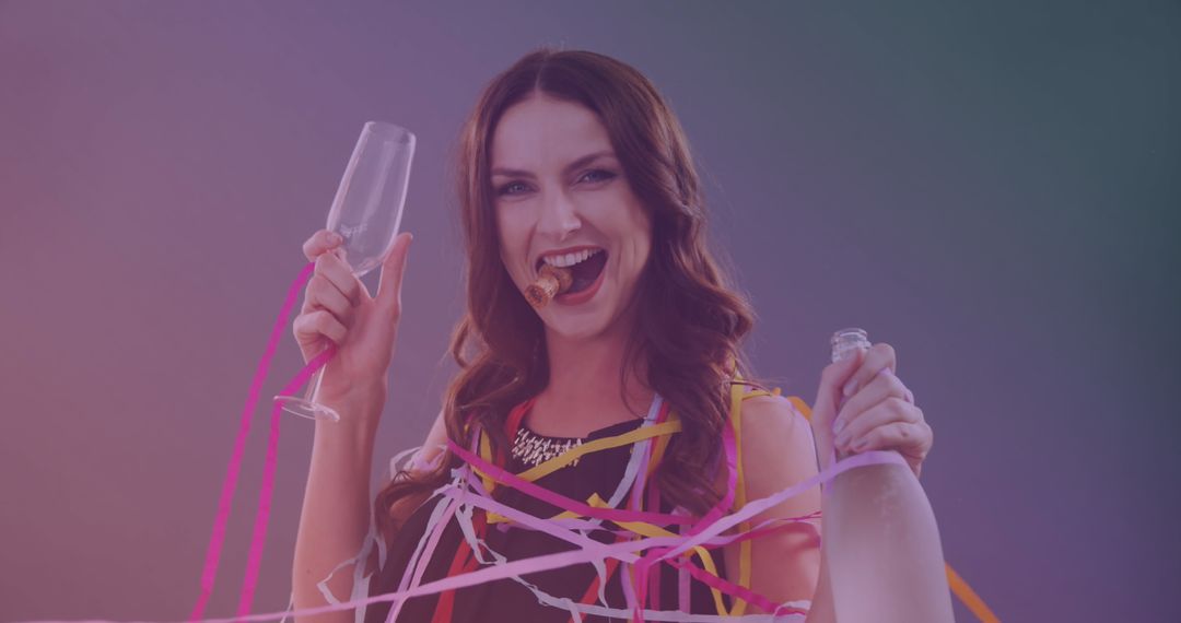 Smiling Woman Dancing with Champagne at Festive Party