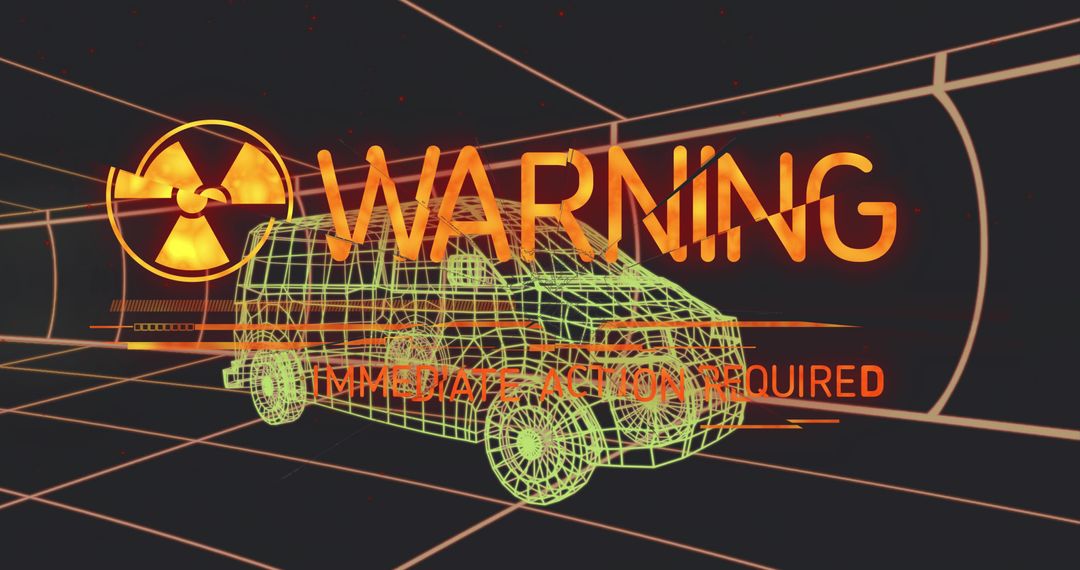 Futuristic Warning System with Radiation Symbol on Wireframe Van