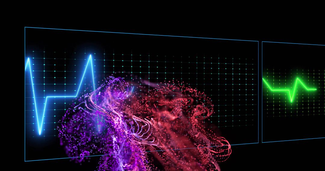 Futuristic Neon ECG Display with Swirling Purple-Red Particles