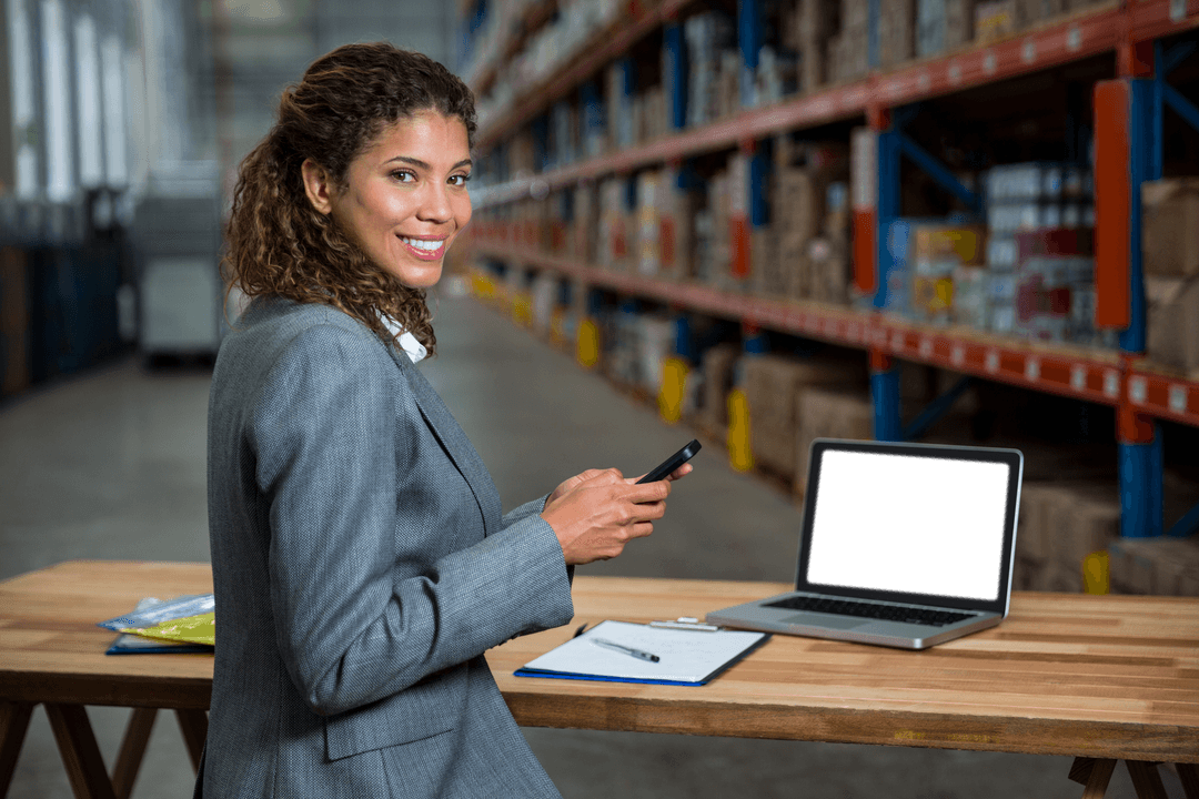 Transparent Background Businesswoman Using Phone in Warehouse