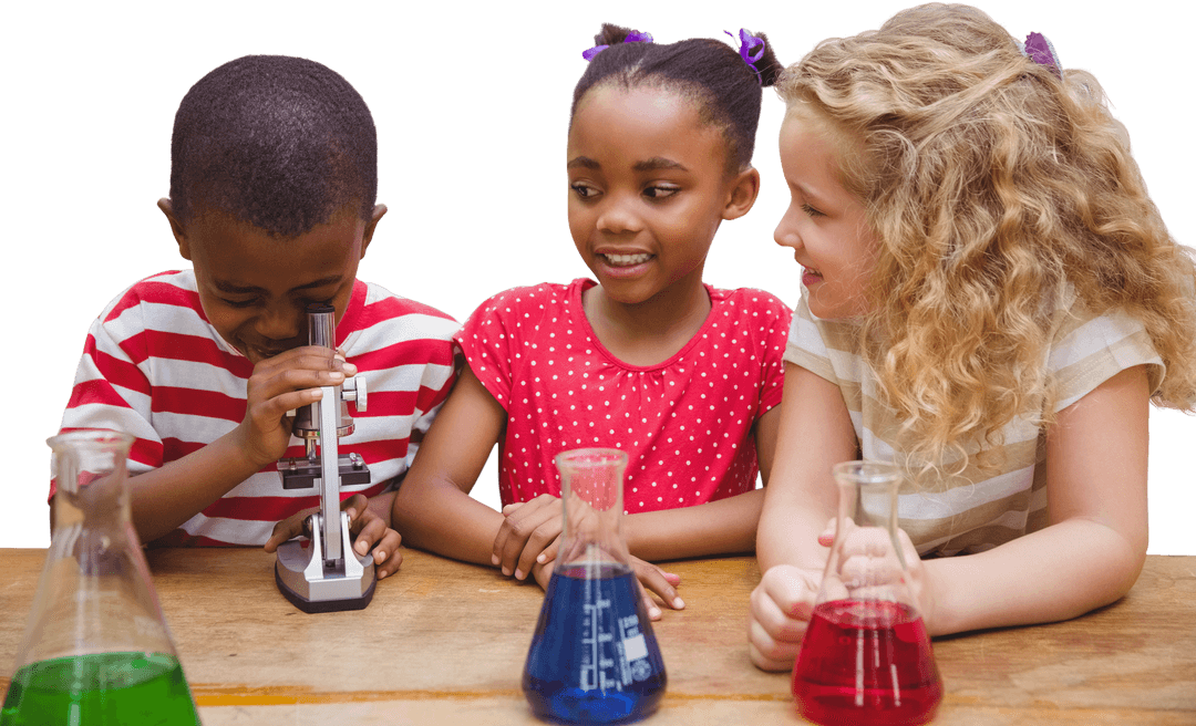 Transparent Background: Kids Exploring Science and Chemistry with Microscope