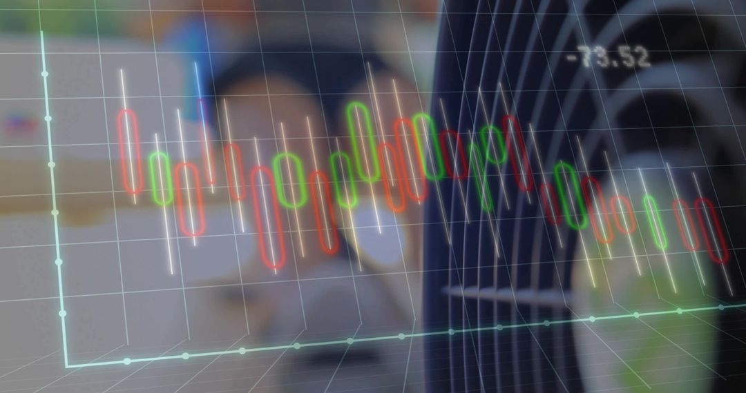 Analyst viewing candlestick stock chart hologram with blurred businessman in suit and tie