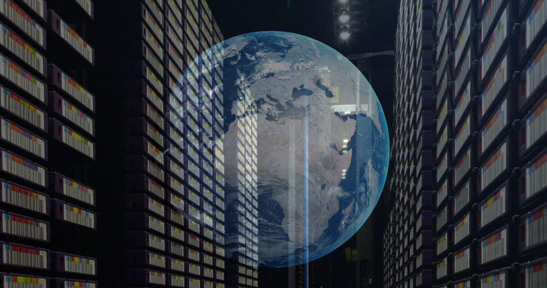 Globe Overlay on Server Room Representing Global Data Connectivity