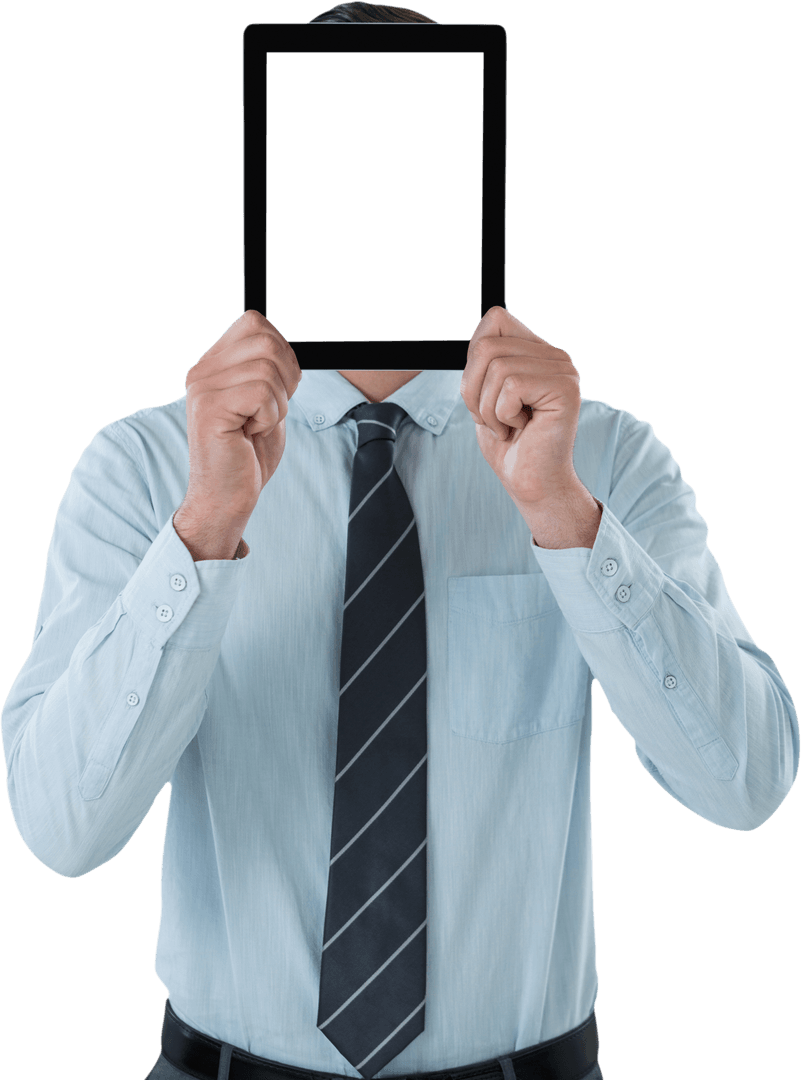 Man Using Transparent Digital Tablet Covering Face