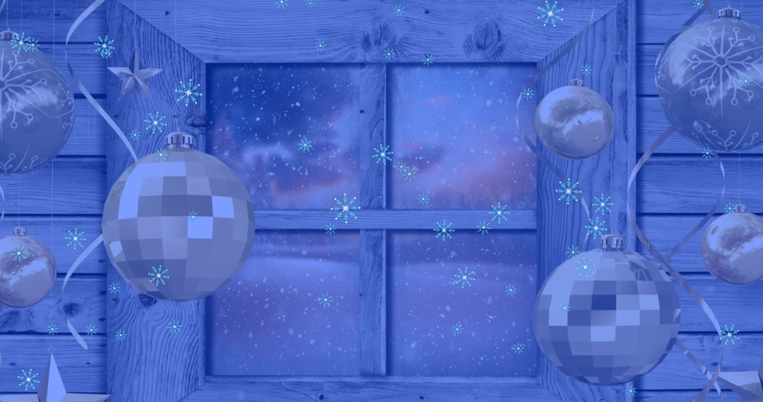 Festive Snowy Window with Christmas Ornaments in Front