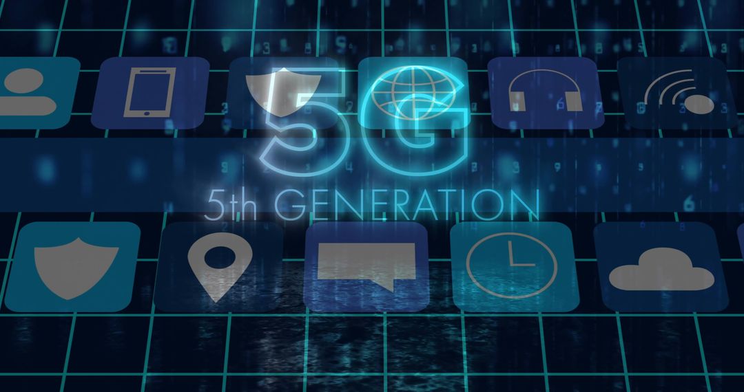 5G Neon Network Overlay on Digital Grid with App Icons Representing Connectivity