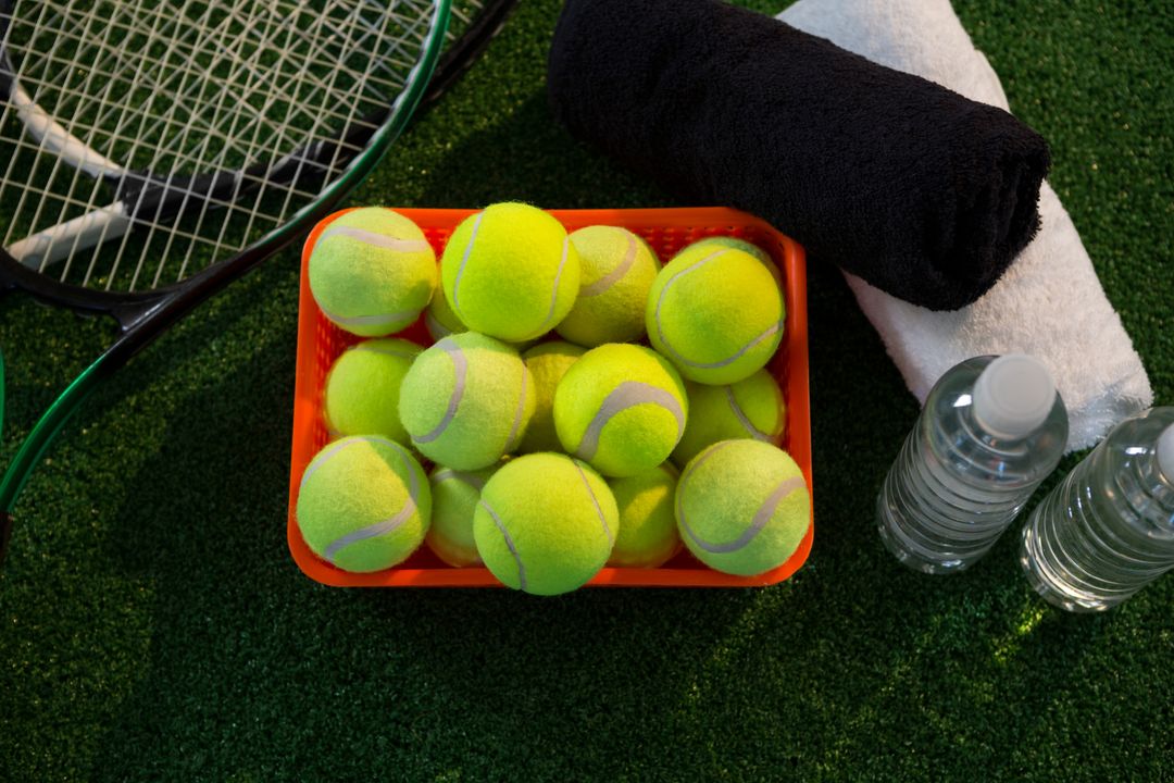 Overhead view of tennis balls in container amidst rackets and napkins by water bottles - Free Images, Stock Photos and Pictures on Pikwizard.com