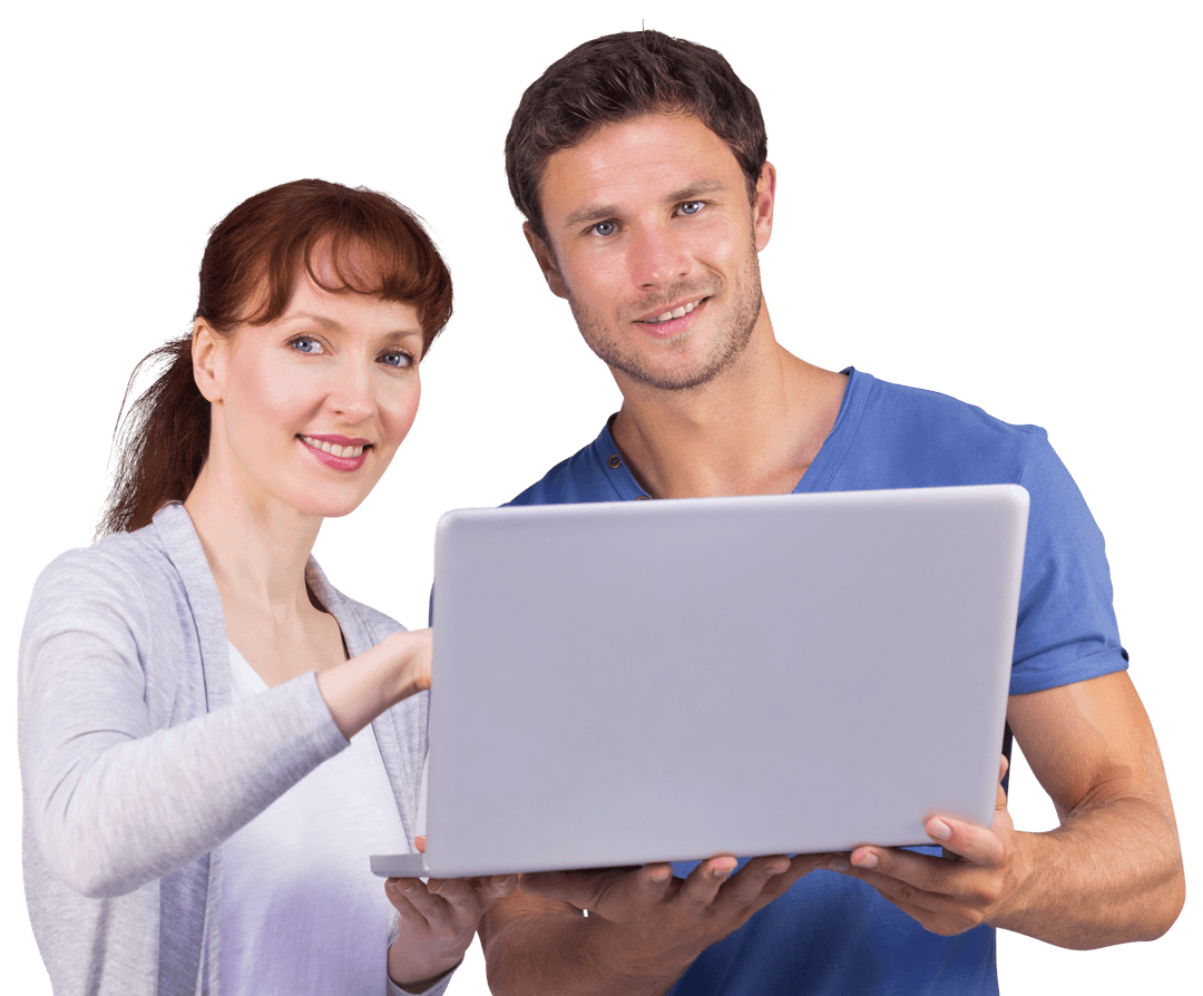 Transparent Couple Using Laptop Engaged and Smiling