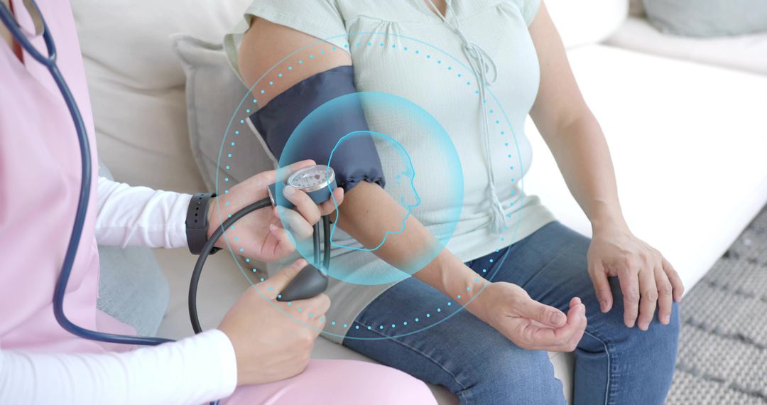 Home nurse measuring blood pressure on patient during caregiving visit with overlay