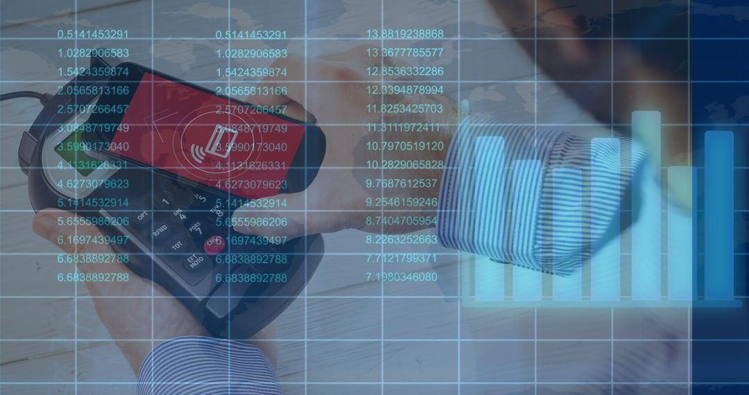 Man Pays with Smartphone Amid Digital Data Background