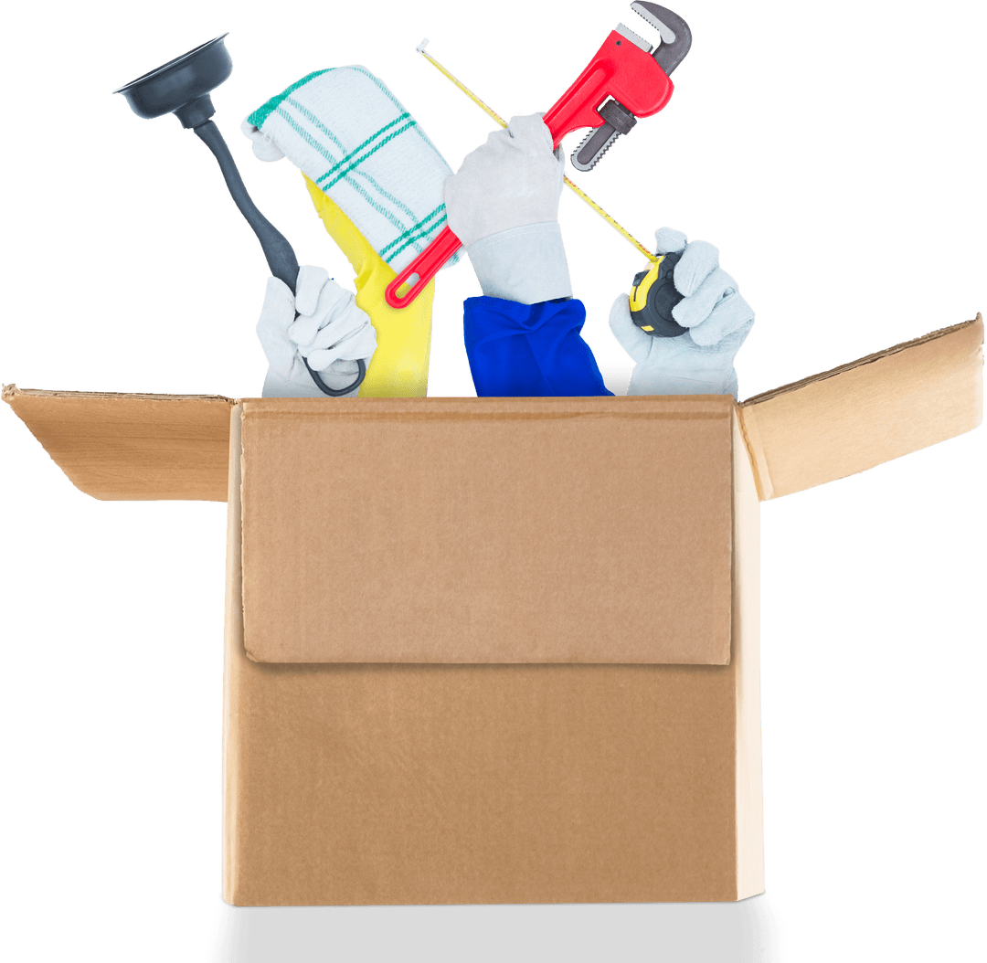 Box with Arms Holding Plumbing Tools on Transparent Background