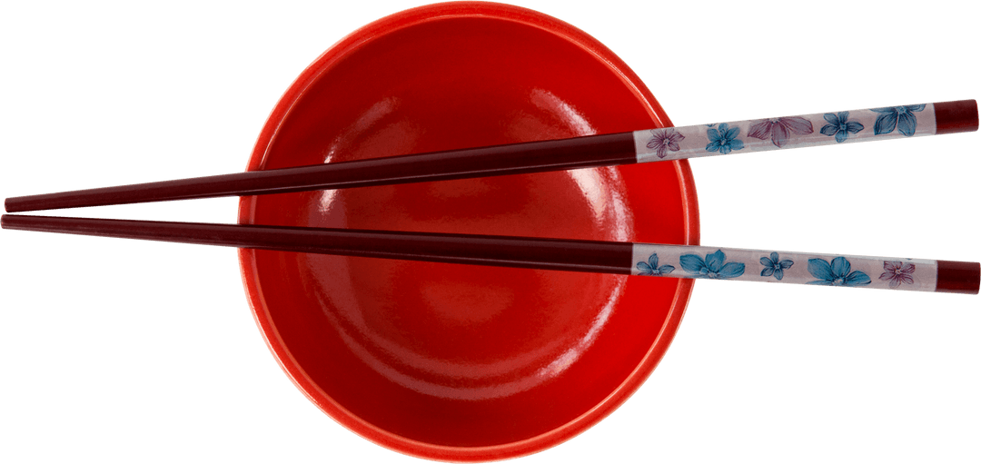 Transparent View of Red Bowl with Colorful Chopsticks Top Down