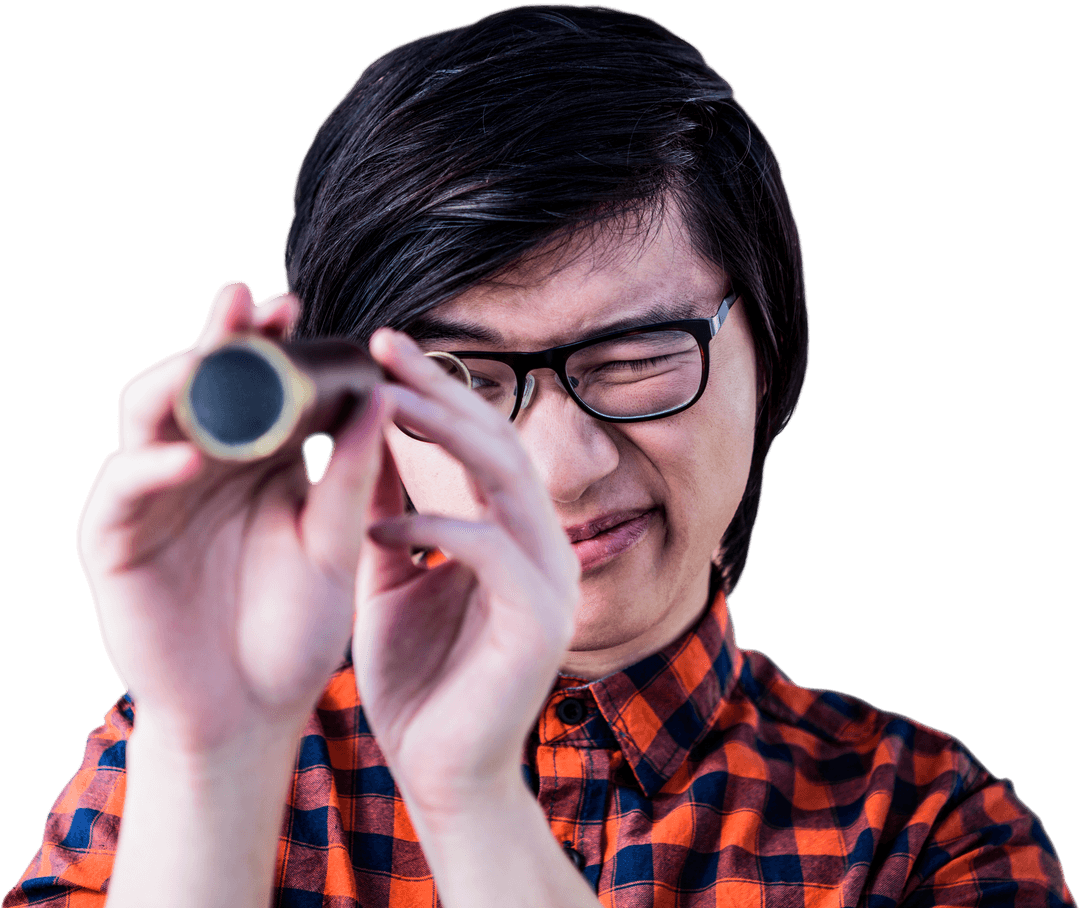 Young Man with Telescope Pecking Transparent Potential