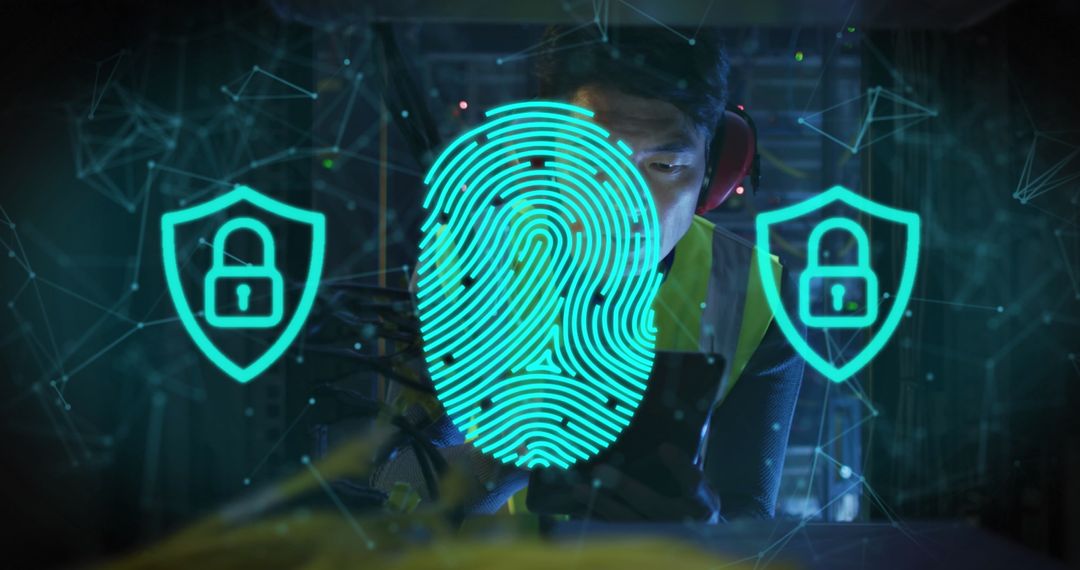 Cyber Security Concept with IT Engineer and Digital Fingerprint Overlay