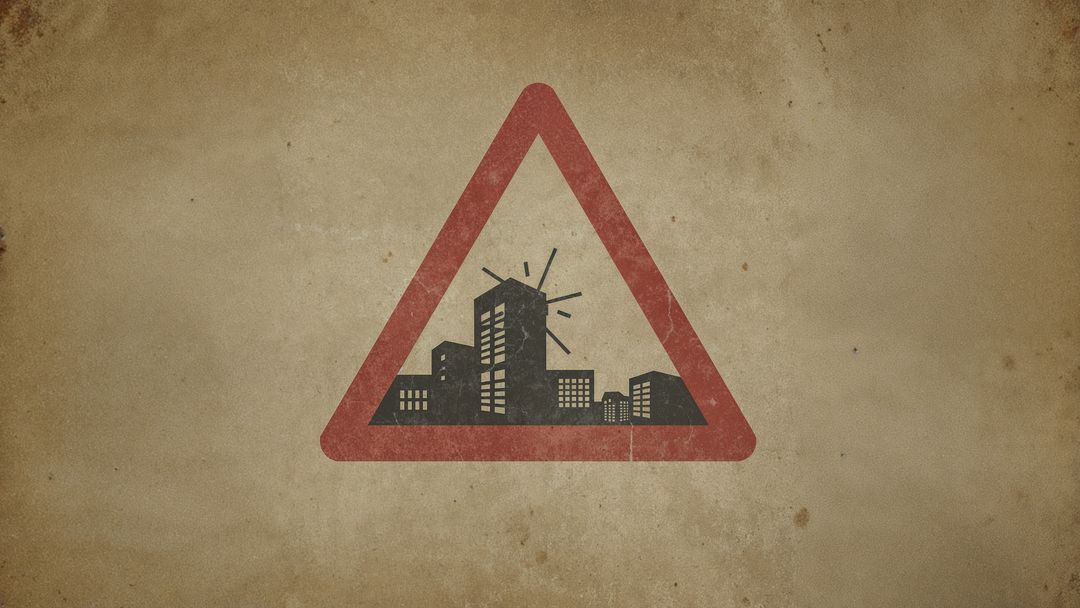 Abstract Urban Skyline Warning Sign on Distressed Background