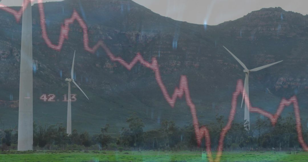 Wind Turbines Amid Mountain Landscape with Dropping Graph Overlay