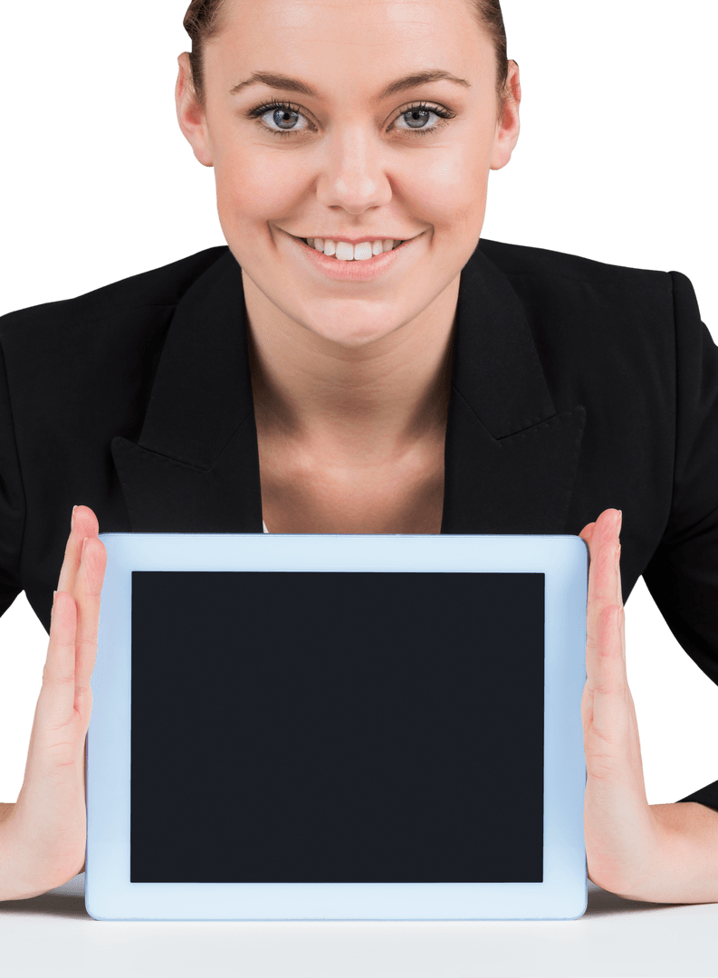 Smiling Businesswoman Holding Transparent Tablet Display
