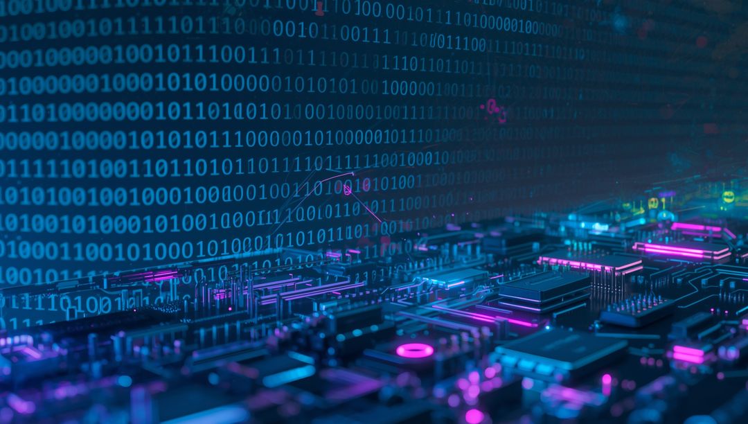 Neon Circuit Board with Binary Code in Futuristic Tech Realm