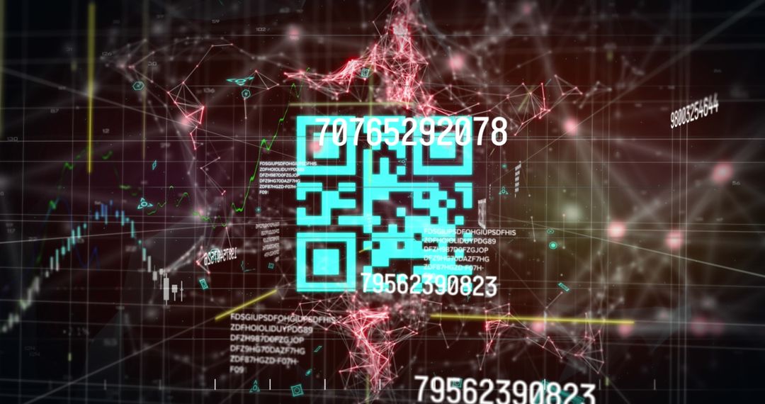 Futuristic QR Code Overlaid with Financial Data and Graphs