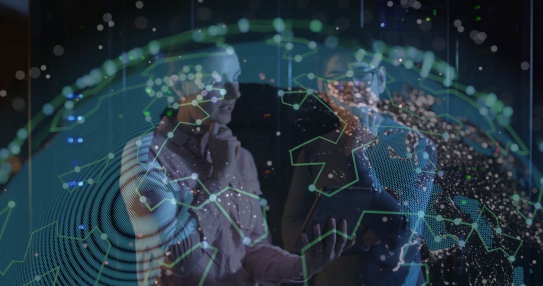 IT Professionals Analyzing Holographic Network in Data Center