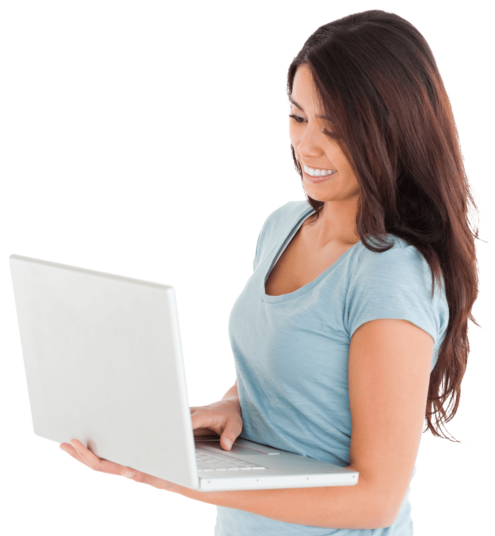 Caucasian Woman Smiling While Using Laptop on Transparent Background