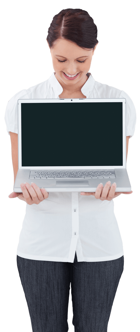 Smiling Businesswoman with Laptop on Transparent Background