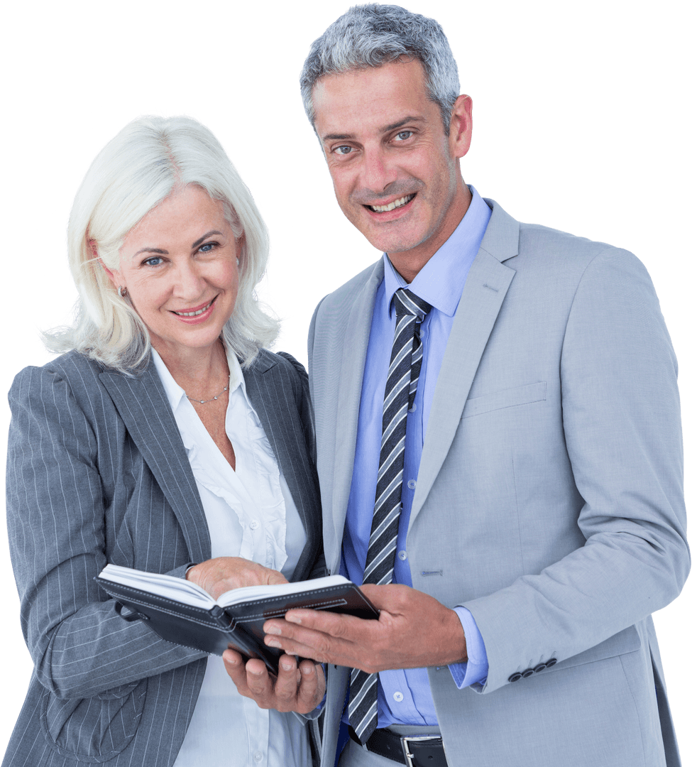 Transparent Smiling Business Professionals with Notebook