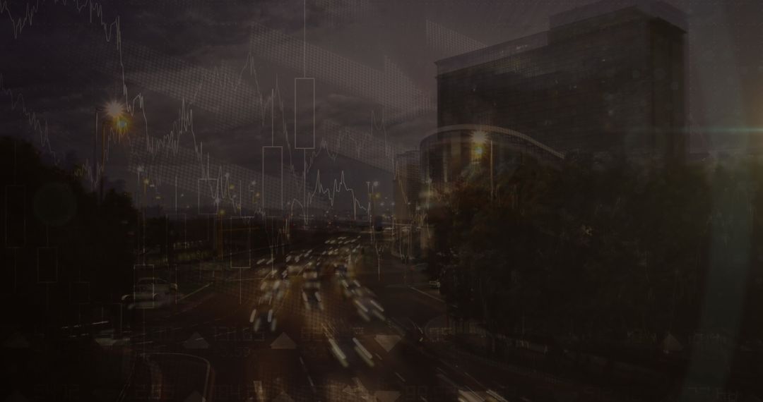 Cityscape with Moving Vehicles and Digital Charts Overlay