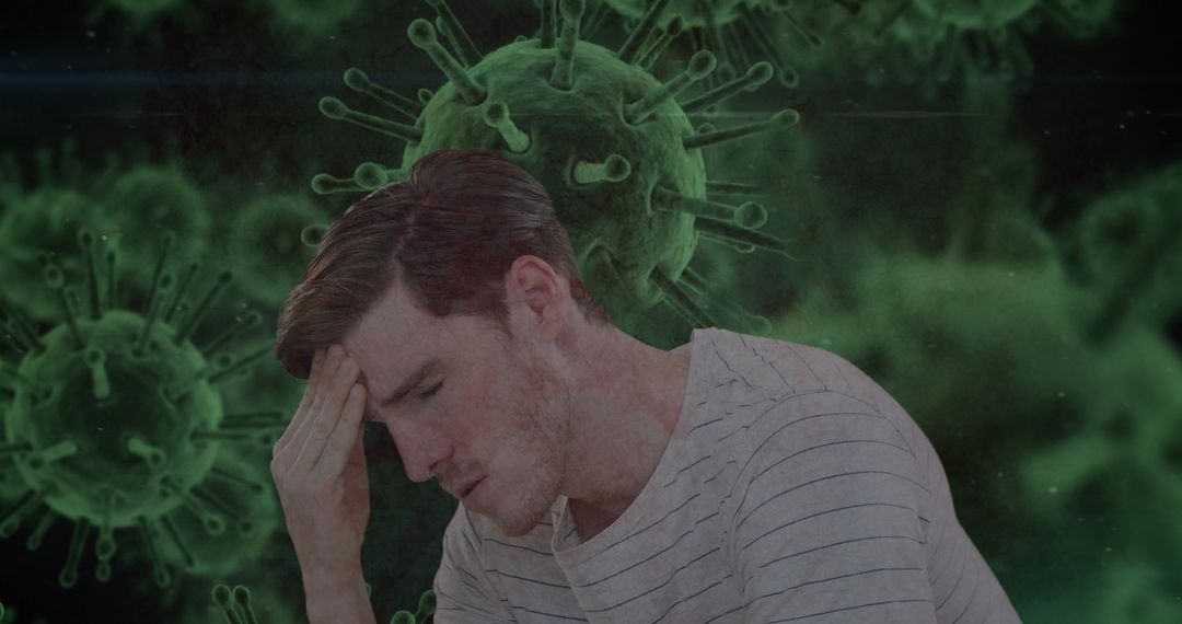 Stressed Man With Virus Background Signifies Pandemic Struggles