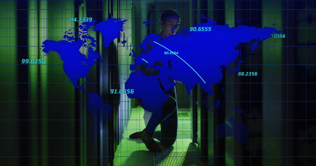 Technician in Data Center with World Map Overlay