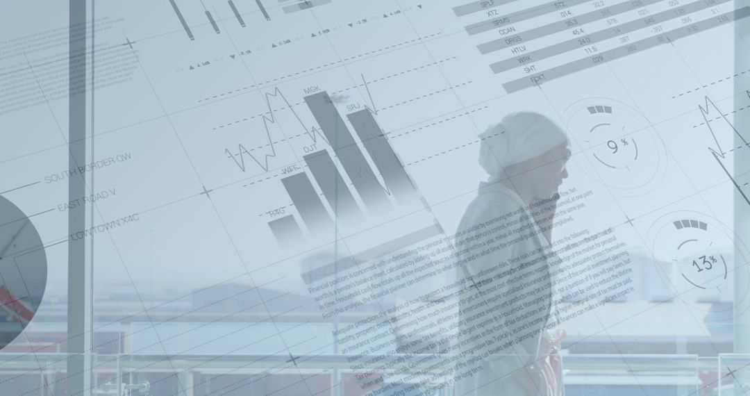 Businesswoman Overlaid with Financial Analytics and Graphs