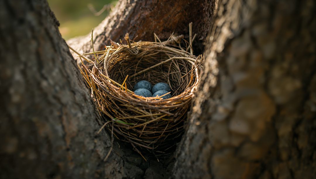 Cradling woven bird nest holding three speckled blue eggs in tree crotch with warm light