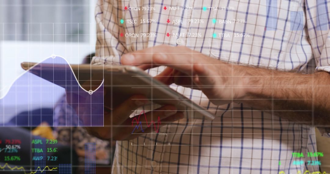 Businessman Using Tablet for Data Analysis with Digital Charts Overlay