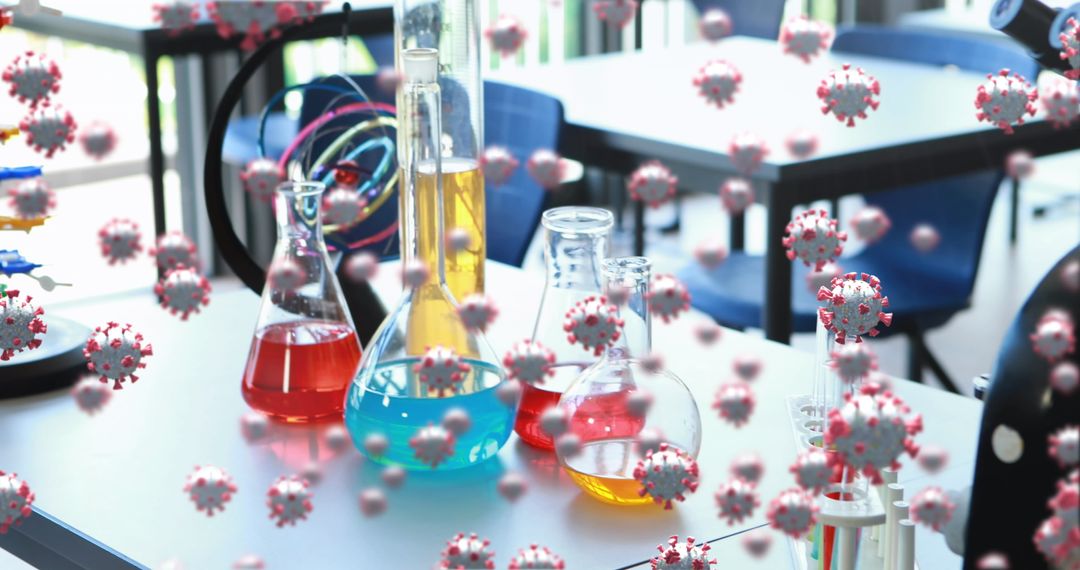 Laboratory Chemistry Flasks with Digital Virus Graphics