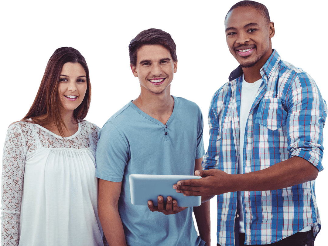 Young Professionals Engaging with Tablet on Transparent Background