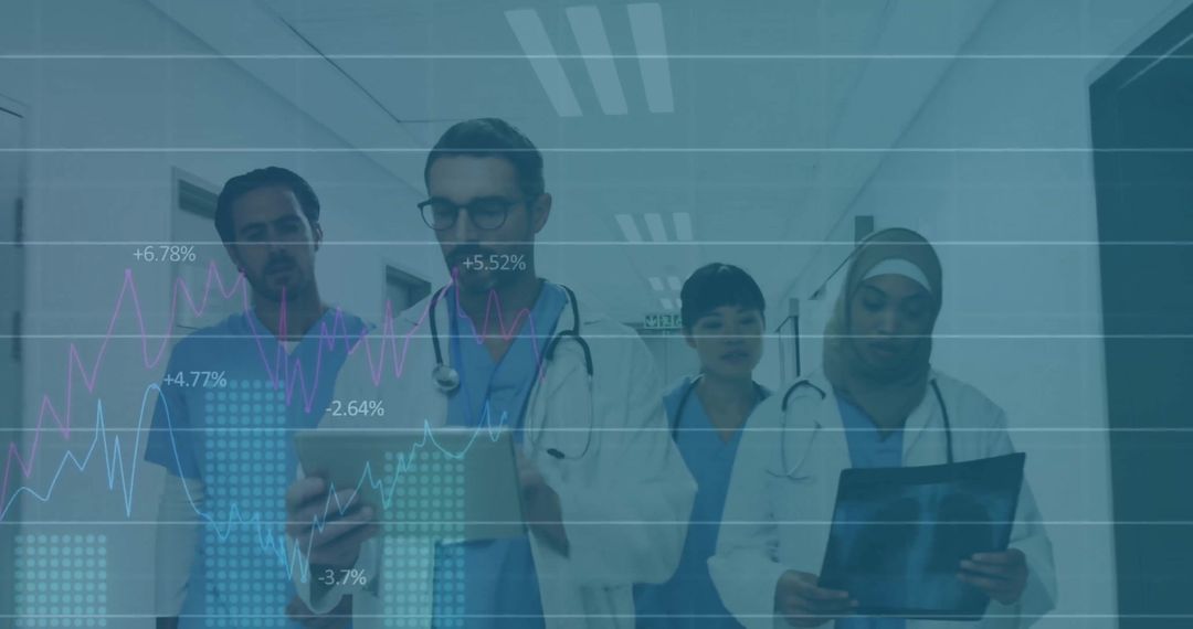 Healthcare Professionals Analyzing Financial Data in Hospital Corridor