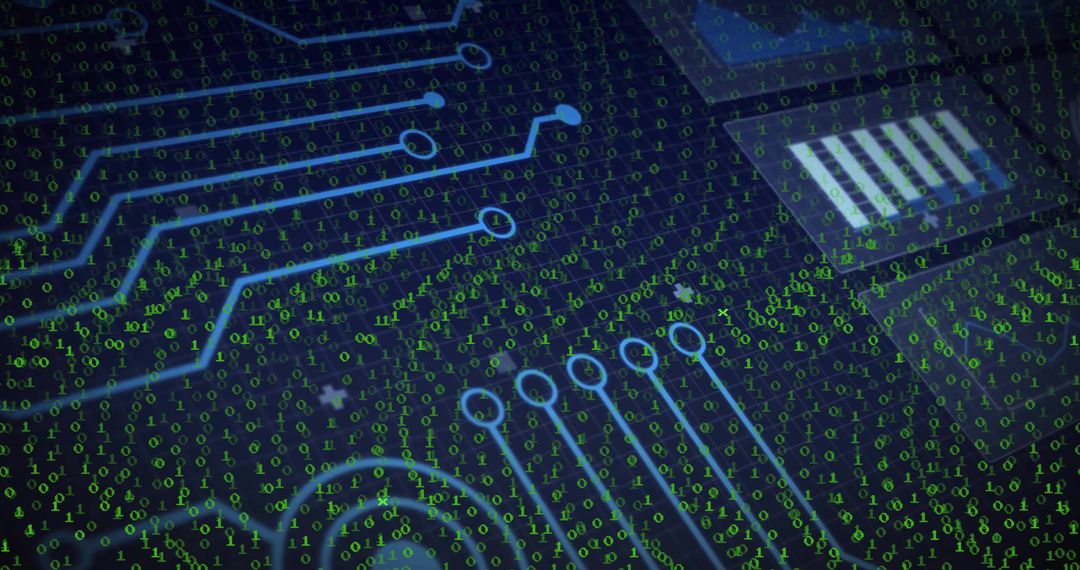 Futuristic Circuit Board Interface with Binary Code Overlay