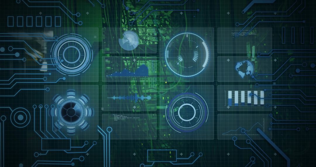 Futuristic HUD Dashboard Visualizing Telemetry, Analytics and Circuitboard Data on Grid
