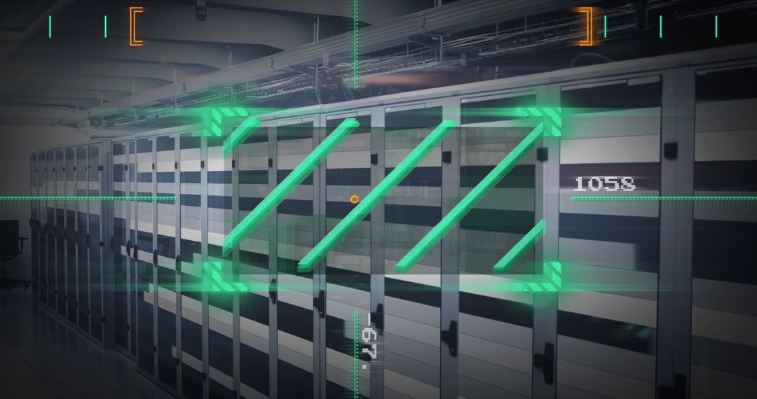 Futuristic High-Tech Data Center with Server Racks and Digital Overlay