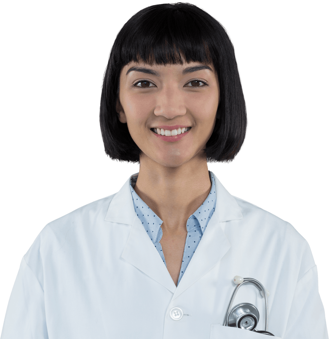 Transparent Portrait of Smiling Female Doctor in Lab Coat